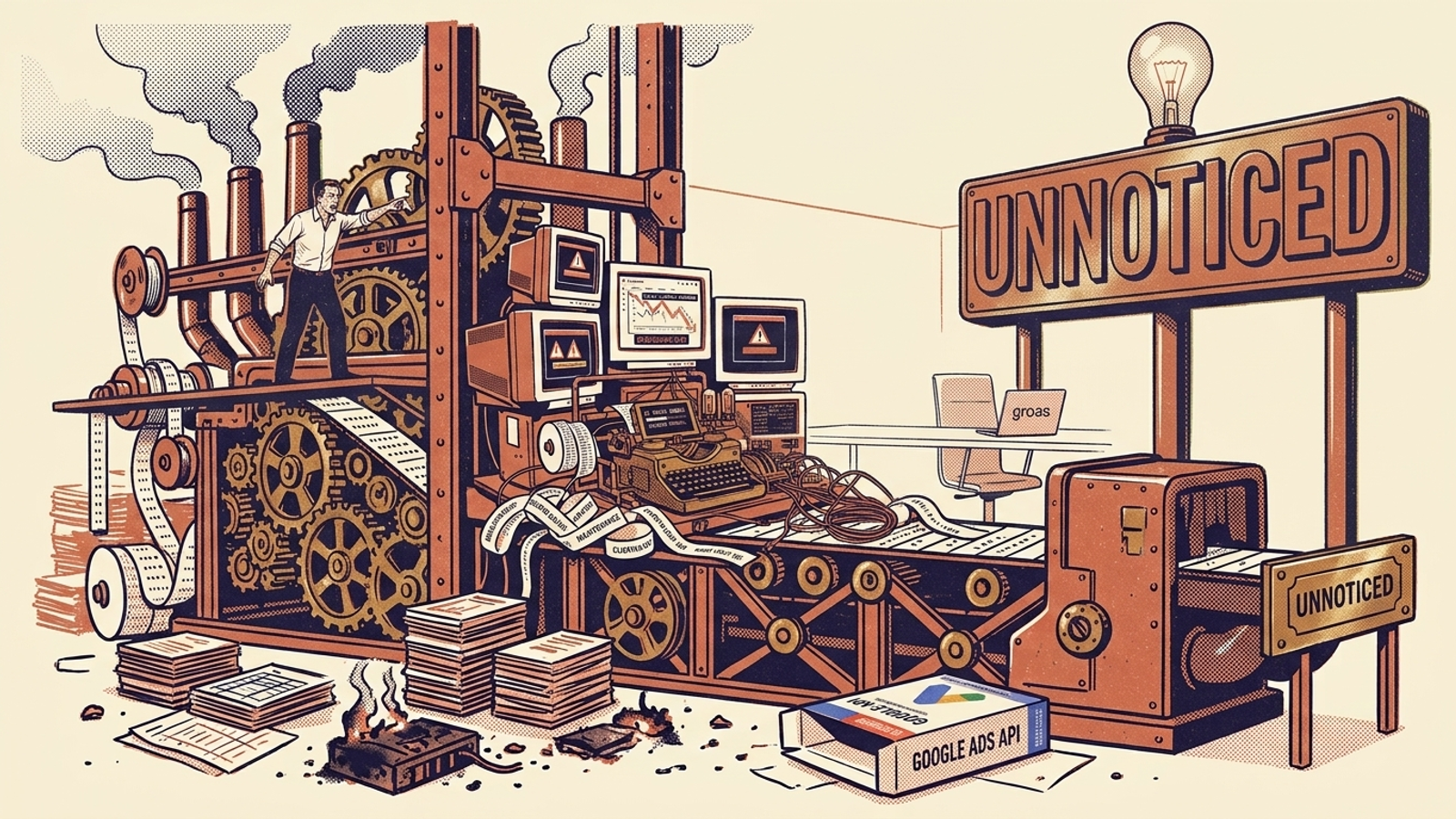 Illustration of a large machine consuming fuel and punch cards to power a small indicator marked UNNOTICED.