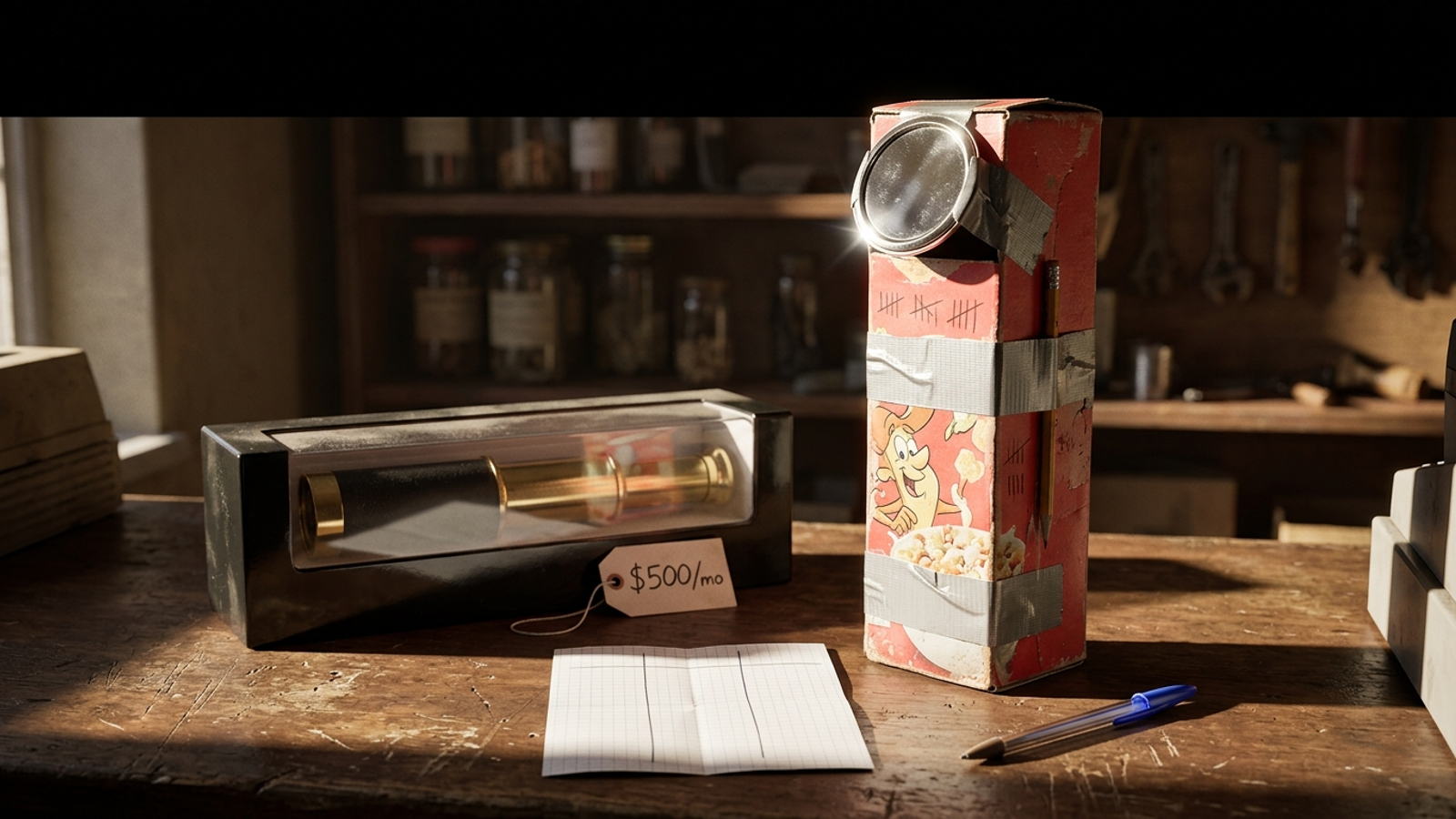 A duct-taped cereal-box periscope stands beside an unopened luxury telescope tagged "$500/mo", favouring DIY checks over a costly dashboard.