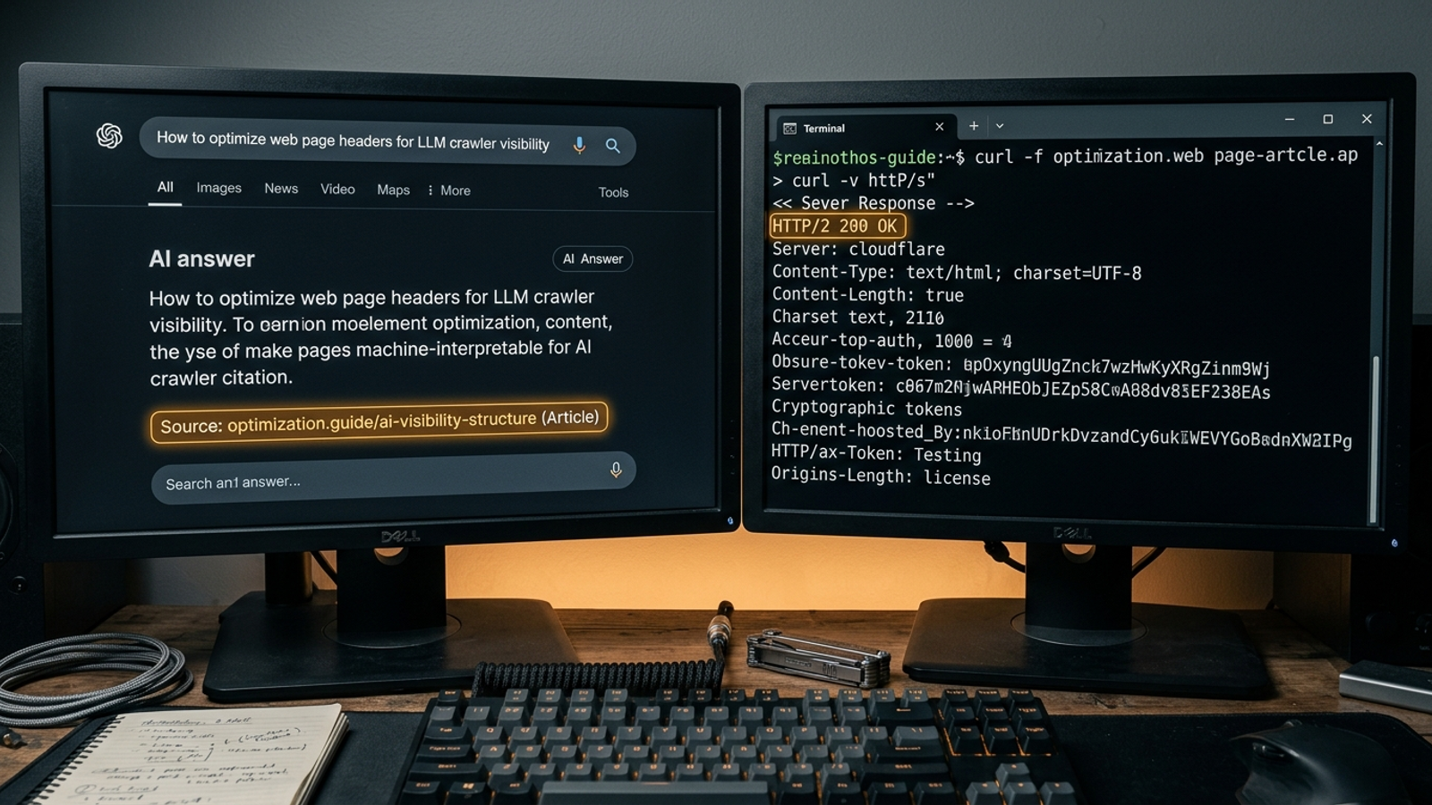 Side-by-side illustration of a cited search answer and a terminal response showing HTTP 200.